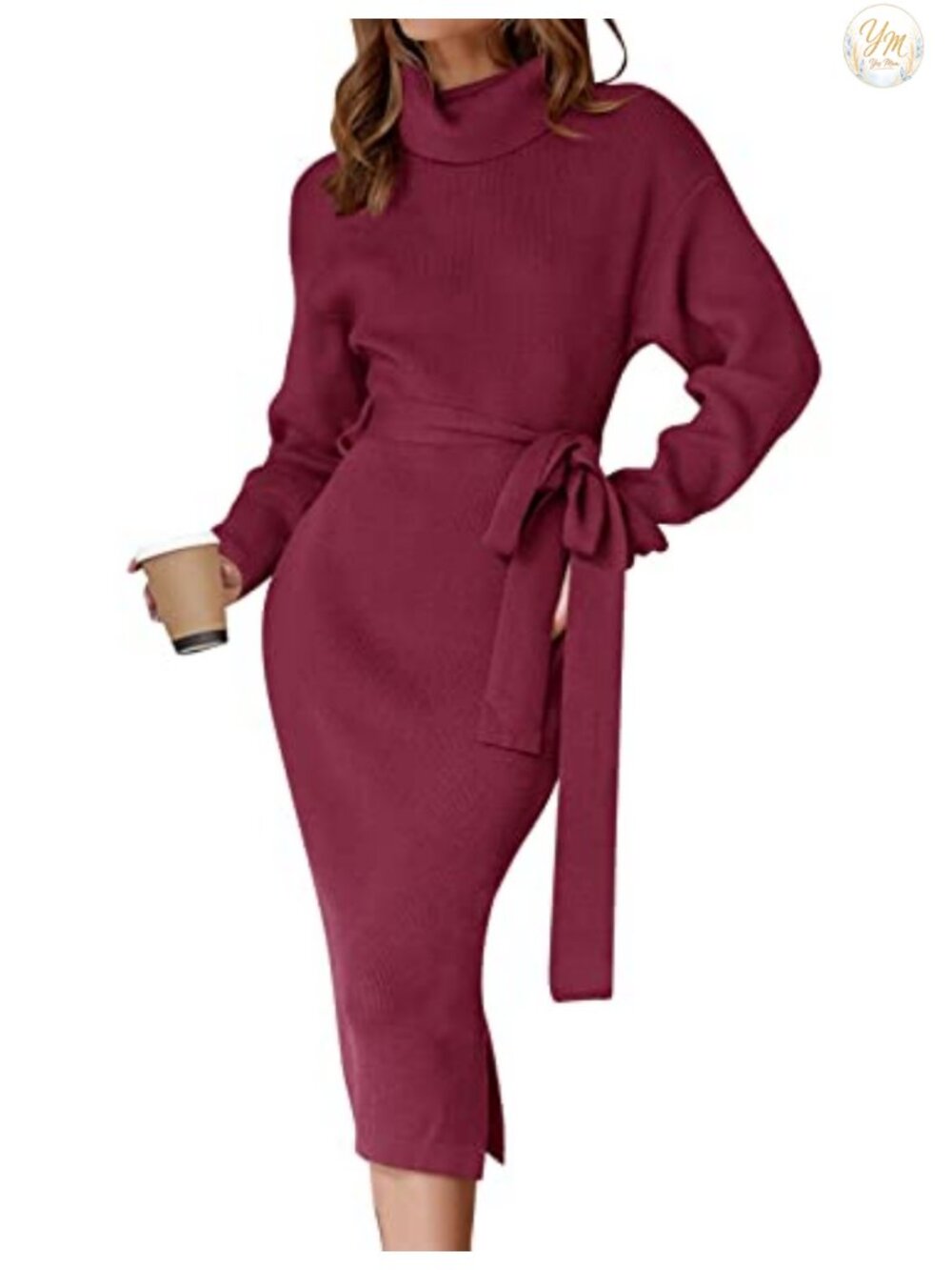 Turtleneck Long Sleeve Bodycon Midi Sweater Dress Ribbed Knit